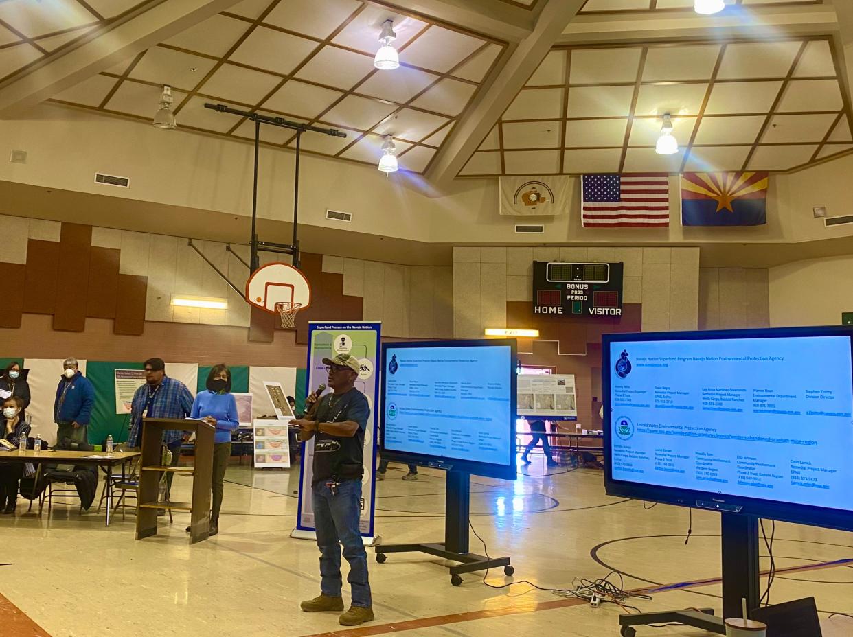 Cameron Chapter President Charlie Smith Jr. talks to community members to Dzil Libei Elementary School in Cameron, where U.S. EPA and Navajo Nation EPA discussed cleanup of the Charles Huskon No 12. uranium mine.