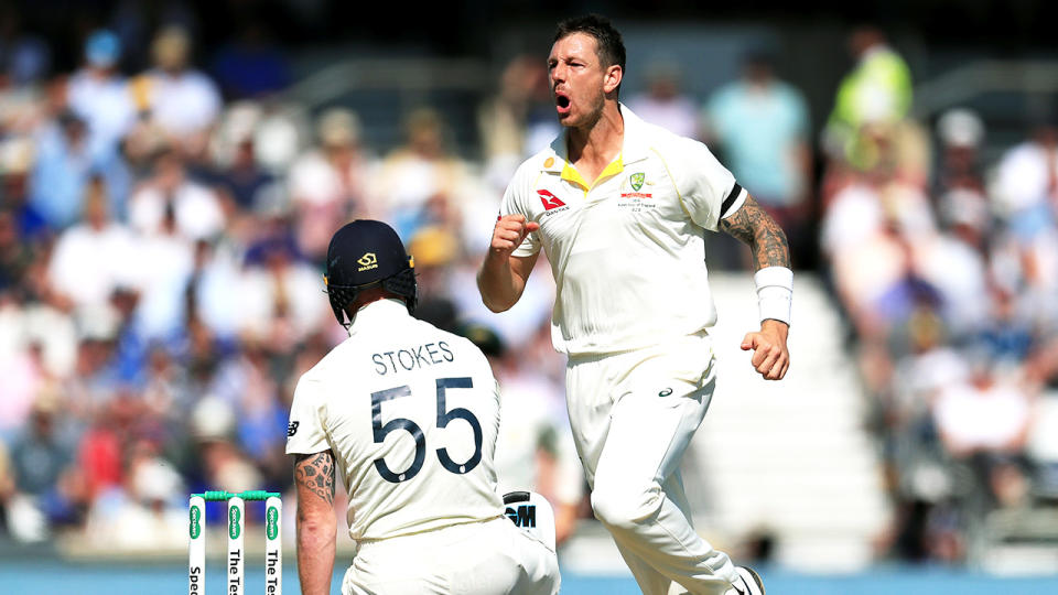 Australia's James Pattinson (right) celebrates taking the wicket of England's Ben Stokes during day two of the third Ashes Test match at Headingley, Leeds. (Photo by Mike Egerton/PA Images via Getty Images)