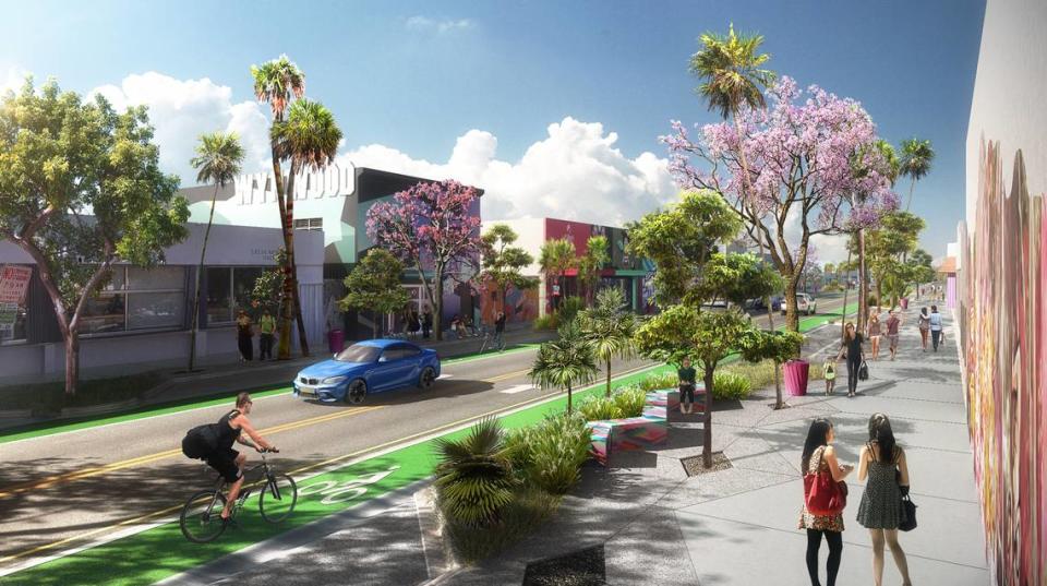 An architectural rendering shows how North Miami Avenue in Wynwood will be made over with trees, landscaping, wider sidewalks and bike lanes under a streetscape plan adopted by the Miami Commission.