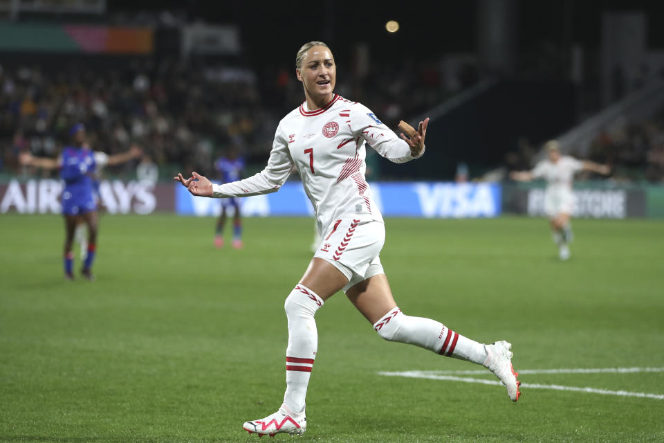 Denmark's Sanne Troelsgaard celebrates after scoring her side's second goal during the Women's World Cup Group D soccer match between Haiti and Denmark in Perth, Australia, Tuesday, Aug. 1, 2023. (AP Photo/Gary Day)