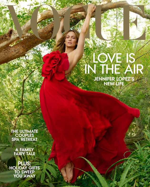 Lopez wears a Valentino Haute Couture dress in her December 2022 cover photo for Vogue. Vogue said that the portrait by Leibovitz 