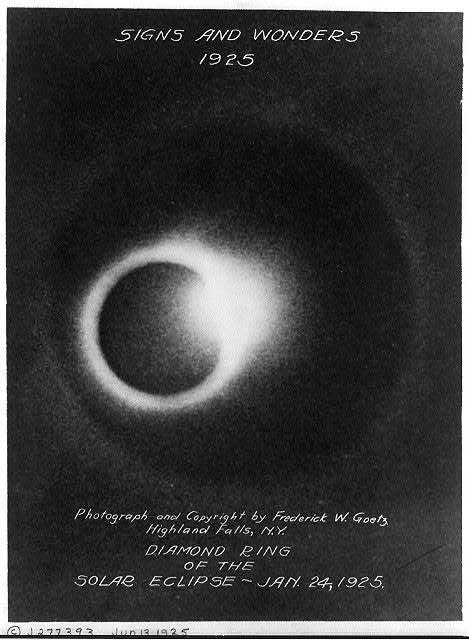 This picture taken by Frederick W. Goetz from Highland Falls, New York, shows the total solar eclipse of Jan. 24, 1925, as the moon was just at the edge of the sun, leaving a sliver of sunlight to shine with what is known as the Diamond Ring effect. The solar atmosphere, called the corona, is visible around the moon's edge. Viewers of the total eclipse on April 8, 2024, can expect to see a similar display of nature. Eyes must be protected when viewing the partial eclipse phases; during totality no eye protection is required from the sun. From the Poconos, the sun will reach about 95% covered, causing the landscape to briefly darken like early twilight.