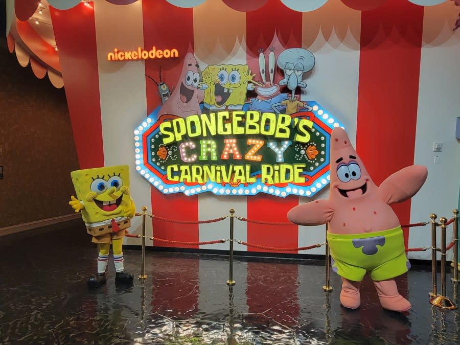 <em>SpongeBob and Patrick celebrate the opening of SpongeBob’s Crazy Carnival Ride at Circus Circus on March 1, 2024. (KLAS) </em>