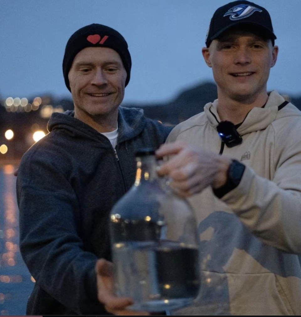 On the first day of the journey, Ryan Keeping and his dad, Scott, filled a jug of water from the Atlantic Ocean with the intention of pouring it out in the Pacific Ocean at the end of the run. This was something Terry Fox had planned to do at the end of his run across Canada. (@ryan.keeping/Instagram)