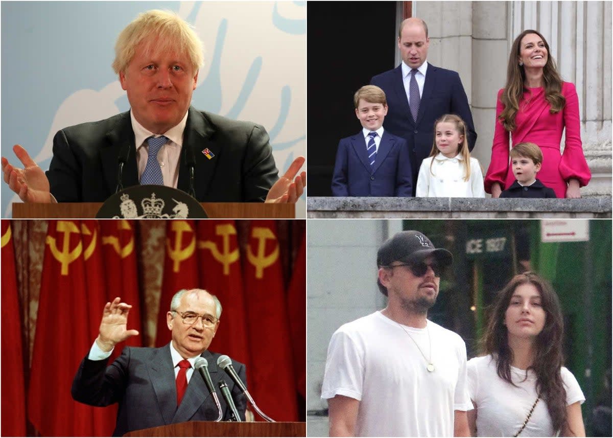 Clockwise from top left: Boris Johnson, the Cambridges, Leonardo DiCaprio and Camila Morrone and the late Mikhail Gorbachev  (PA Wire, AP, John Sheene/Ace Pictures/REX/Shutterstock)