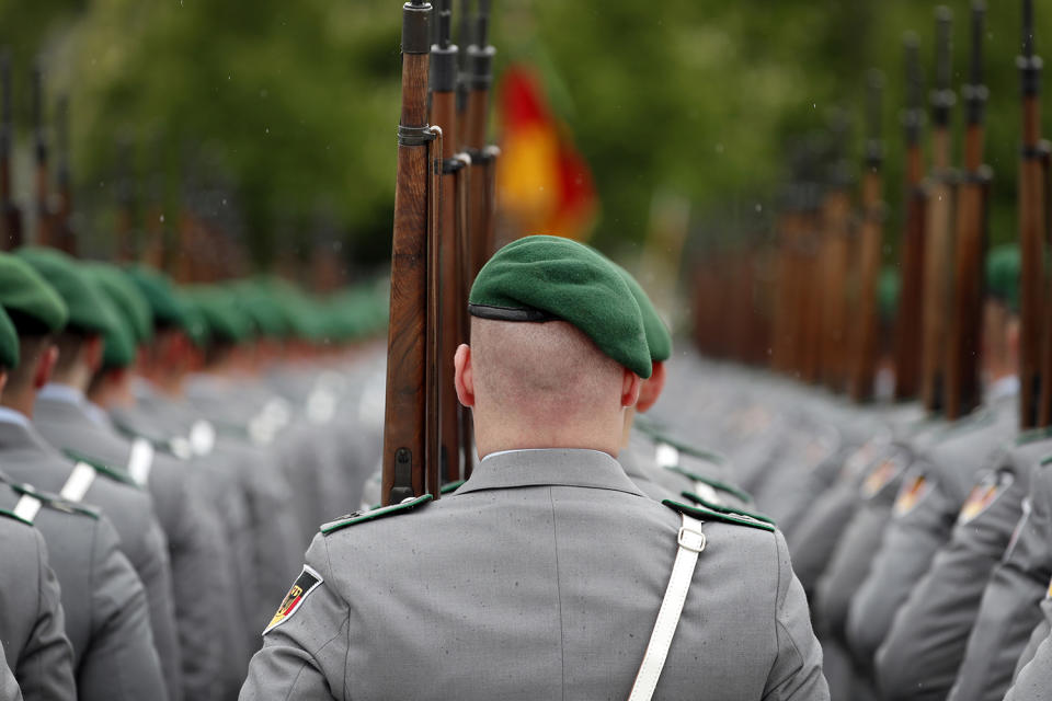 <p>A member of a guard bataillon marches during the military honours in the visit of the Defense Minister, Ursula von der Leyen with her Ukrainian counterpart (both not pictured), in the German Ministry of Defense, in Berlin, Germany, May 16, 2017. Both politicians met to deal with the present security policy development in the region and to strengthen their bilateral relations. Von der Leyen has been strongly criticised in the last weeks for her way she dealt with the controversy involving a German army officer who disguised himself as a refugee and planned a terrorist attack. (Photo: Felipe Trueba/EPA) </p>