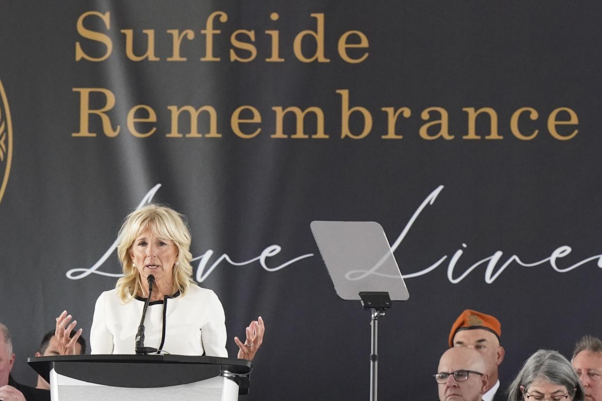 First lady Jill Biden speaks during a remembrance event Friday in Surfside, Fla. 