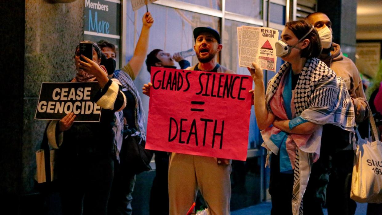 Protesters outside 2024 GLAAD Media Awards