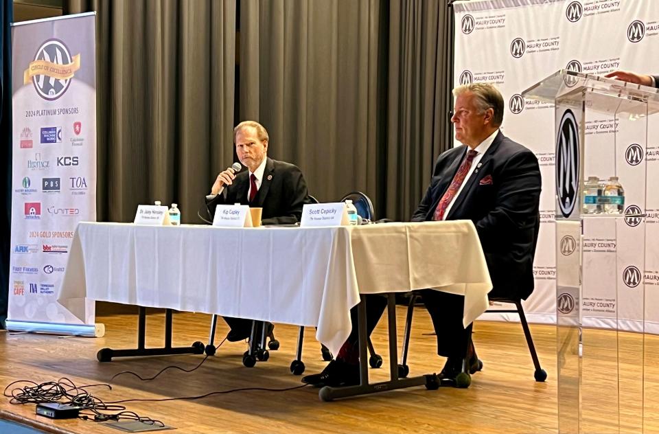 Sen. Joey Hensley, left, speaks to the audience at the annual State Eggs & Issues breakfast at The Memorial Building on Friday, Feb. 23, 2024.