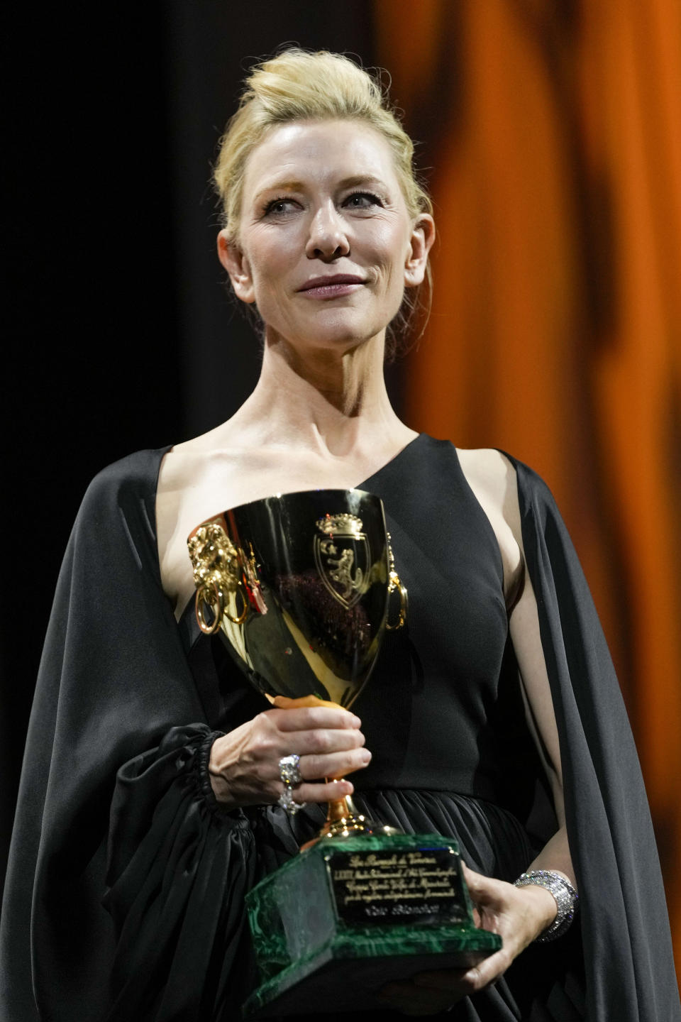 Cate Blanchett holds the Coppa Volpi award for best actress for the film 'Tar' at the closing ceremony of the 79th edition of the Venice Film Festival in Venice, Italy, Saturday, Sept. 10, 2022. (AP Photo/Domenico Stinellis)