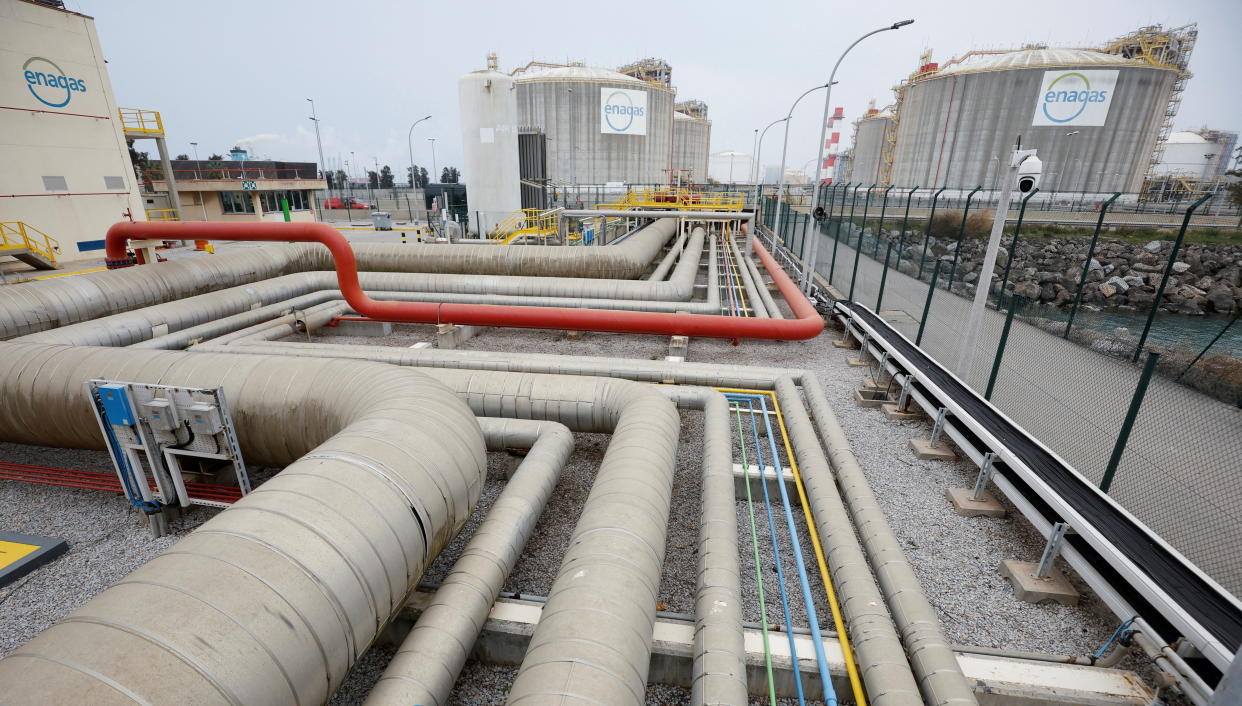 Arrays of pipelines of different gauges at the Enagás liquefied natural gas (LNG) terminal. (Albert Gea/Reuters)