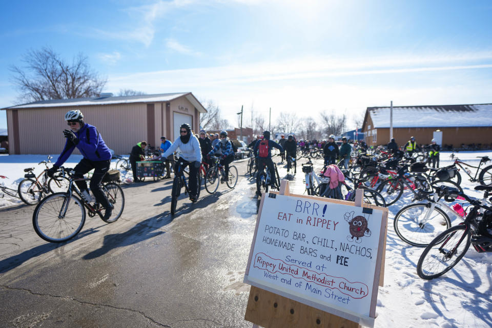 Participants come and go out of downtown Rippey during the 46th Annual BRR Ride on Saturday, Feb. 4, 2023.
