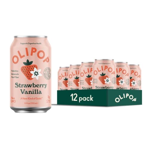OLIPOP - Strawberry Vanilla Sparkling Tonic, Healthy Soda, Prebiotic Soft Drink, Aids Digestive Health, Contains Prebiotics & 9g of Plant Fiber, Caffeine Free, Low Calorie, Low Sugar (12 oz, 12-Pack)