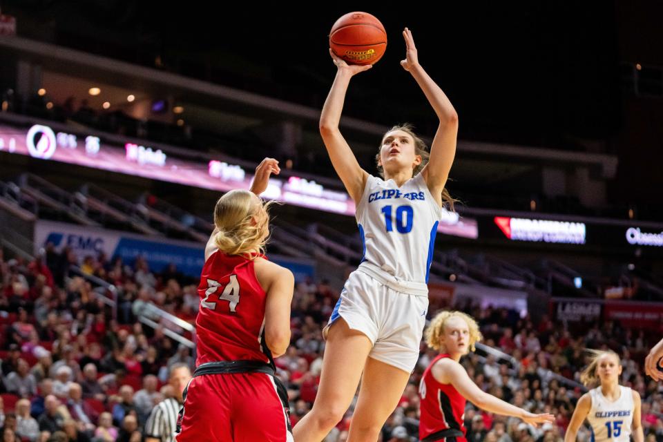Clear Creek Amana's Averie Lower (10) takes a shot over North Polk's Jada Podey (24) on Thursday at Wells Fargo Arena. The CCA sophomore made the final rebound of the game that helped the Clippers secure a win.