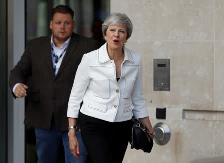 Britain's Prime Minister, Theresa May, leaves the BBC after appearing on the Andrew Marr Show, in central London, Britain July 15, 2018. REUTERS/Peter Nicholls