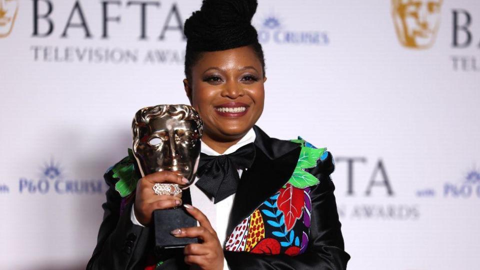 Gbemisola Ikumelo holds her award for the Best Female Comedy performance during the 2024 BAFTA TV Awards at the Royal Festival Hall in London, Britain, 12 May 2024