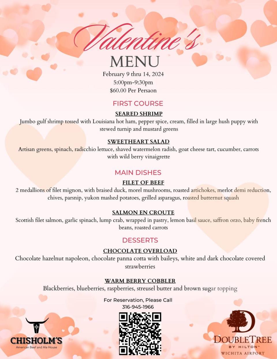 The 2024 Valentine’s Day menu being offered at Wichita’s Chisholm’s American Beef & Ale House