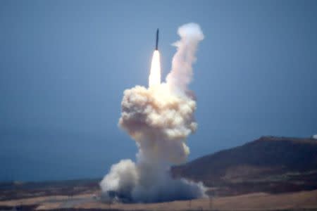 The Ground-based Midcourse Defense (GMD) element of the U.S. ballistic missile defense system launches during a flight test from Vandenberg Air Force Base, California, U.S., May 30, 2017. REUTERS/Lucy Nicholson