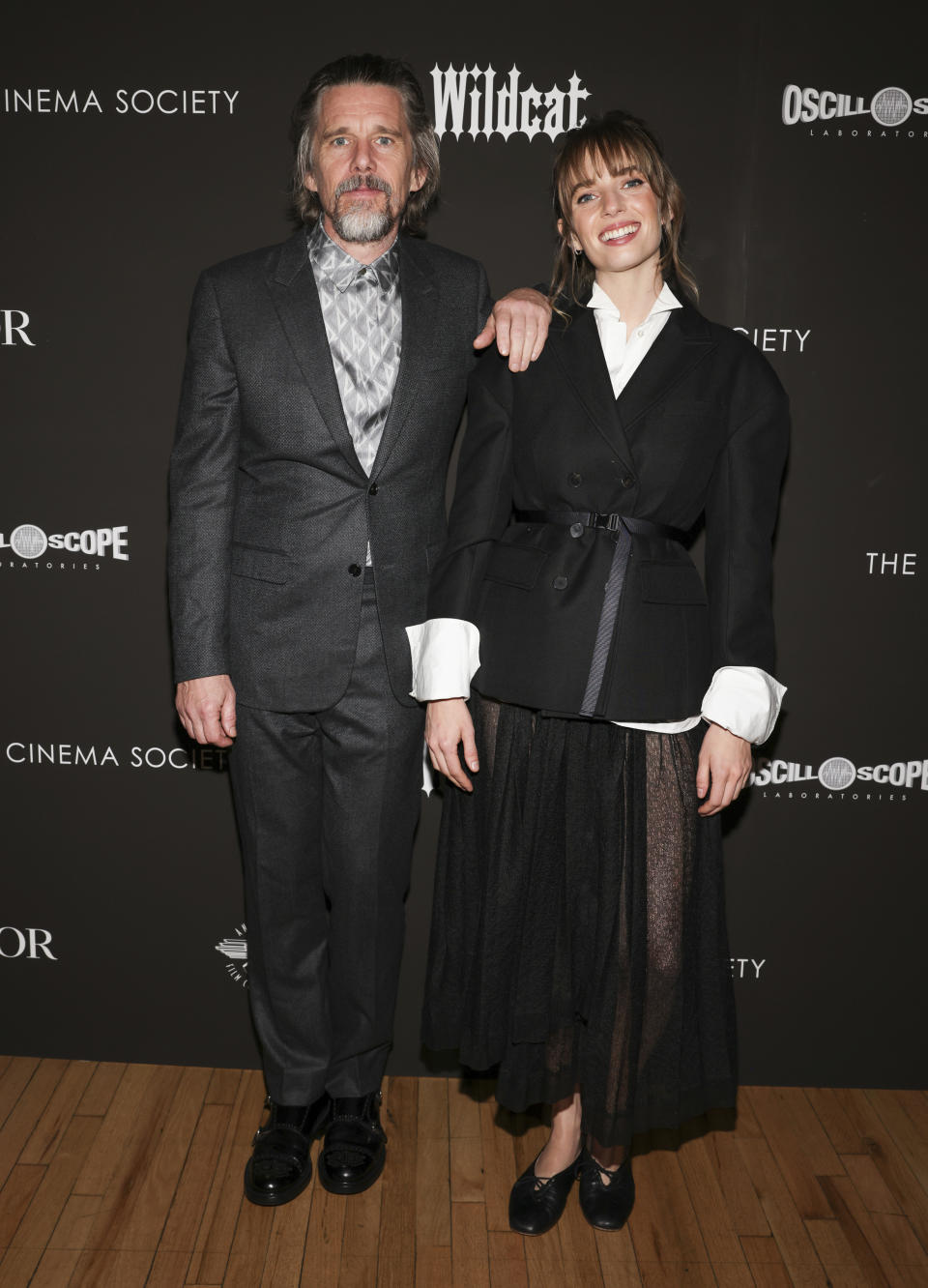 Ethan Hawke, left, and Maya Hawke attend the premiere of "Wildcat", hosted by Dior and The Cinema Society, at the Angelika Film Center on Thursday, April 11, 2024, in New York. (Photo by CJ Rivera/Invision/AP)