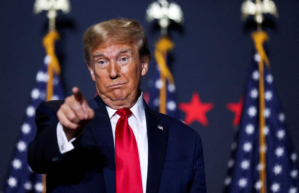 Trump Media FILE PHOTO: Republican presidential candidate and former U.S. President Donald Trump gestures at a campaign event ahead of the Republican presidential primary election in North Charleston, South Carolina, U.S. February 14, 2024. REUTERS/Sam Wolfe/File Photo