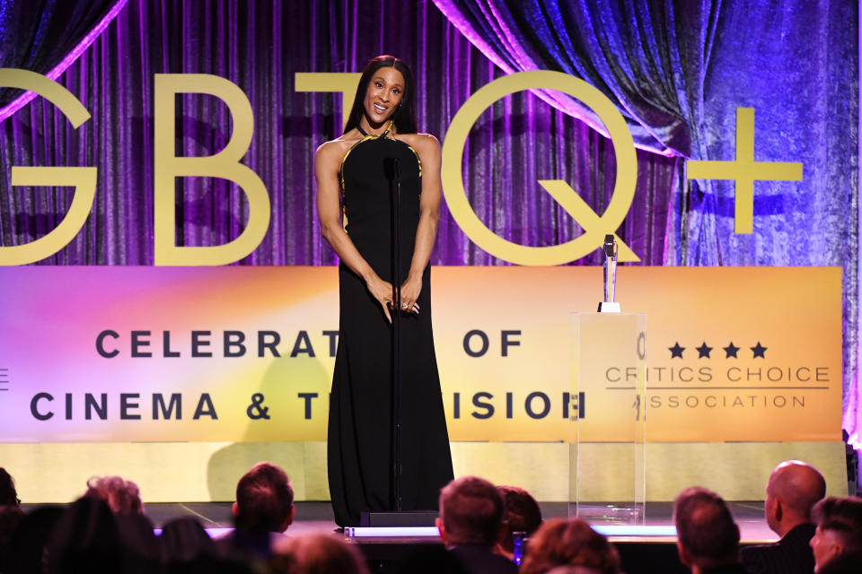 Michaela Jaé Rodriguez accepts an award at the LGBTQ+ award show