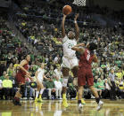 Oregon's Ruthy Hebard scores two in an NCAA college basketball game against Washington State in Eugene, Ore., Friday, Feb. 28, 2020. (AP Photo/Collin Andrew)