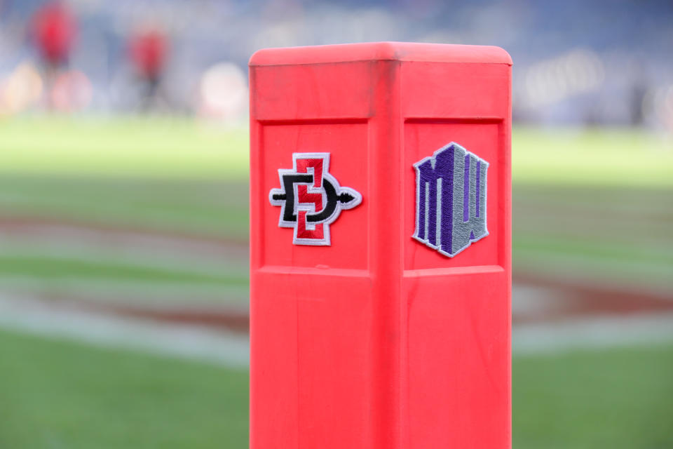 SAN DIEGO, CA - SEPTEMBER 08:  The Mountain West Conference and the logo of the San Diego State Aztecs attached to the corner endzone pylon prior to  their season home opener against the Sacramento State Hornets at SDCCU Stadium on September 8, 2018 in San Diego, California.  (Photo by Kent Horner/Getty Images)