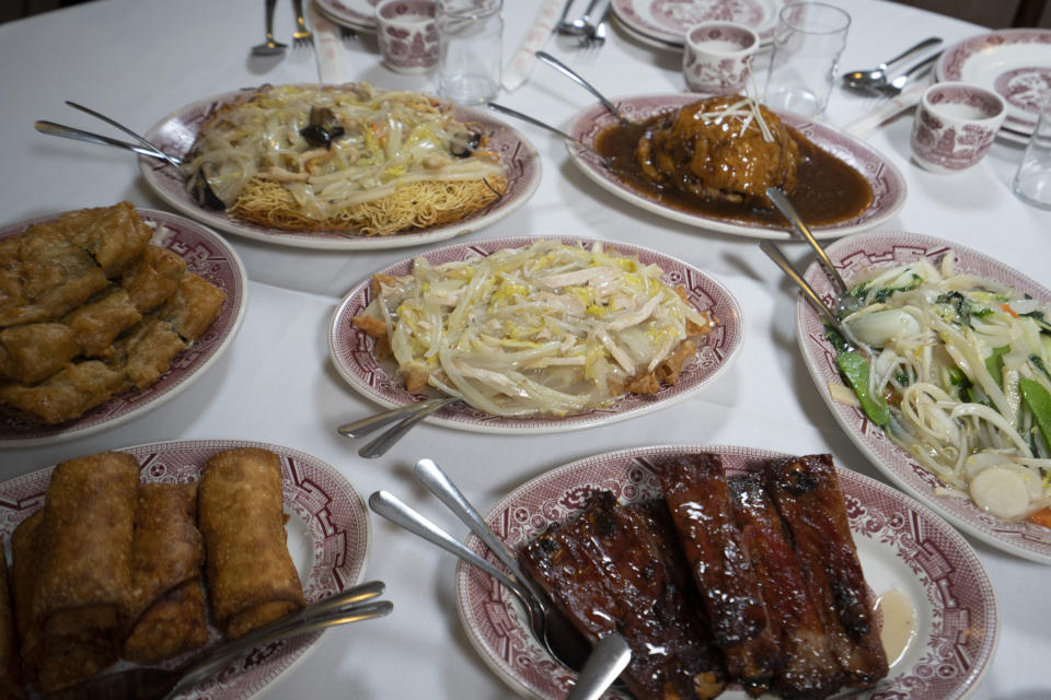 A Cantonese-American style meal including chop suey, chow mein and egg rolls at Hop lee In New York City’s Chinatown. (Tiara Chiaramonte / NBC News)