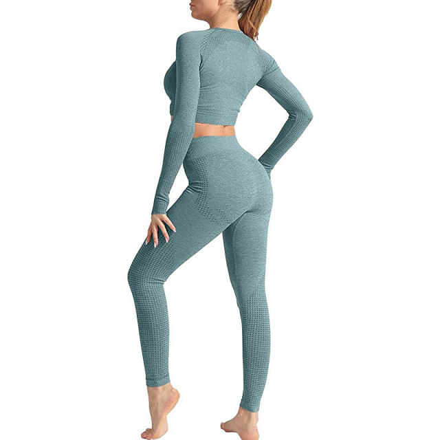 HYZ Womens Seamless 2 Piece Outfits Workout Long Sleeve Crop Top