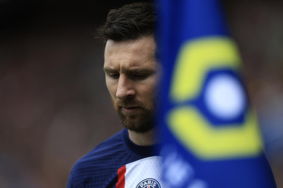 PSG's Lionel Messi reacts during the French League One soccer match between Paris Saint-Germain and Lorient, at the Parc des Princes stadium in Paris, Sunday, April 30, 2023. (AP Photo/Aurelien Morissard)