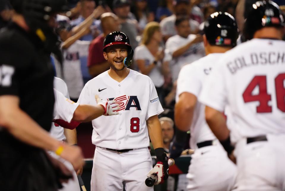 USA shortstop Trea Turner (8) celebrates with teammates after a Schwarber home run against Great Britain during the World Baseball Classic at Chase Field in Phoenix on March 11, 2023.