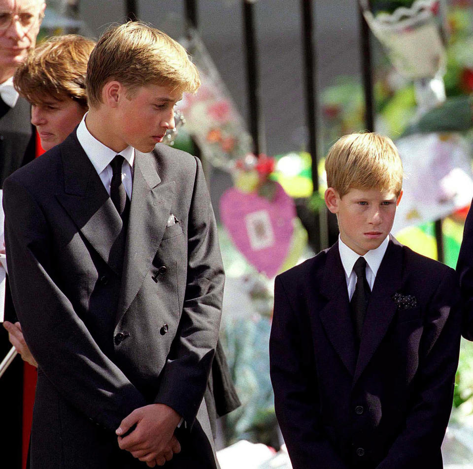 Prince William and Prince Harry at their mother's funeral on Sept. 6, 1997, in London. (Photo: Anwar Hussein via Getty Images)