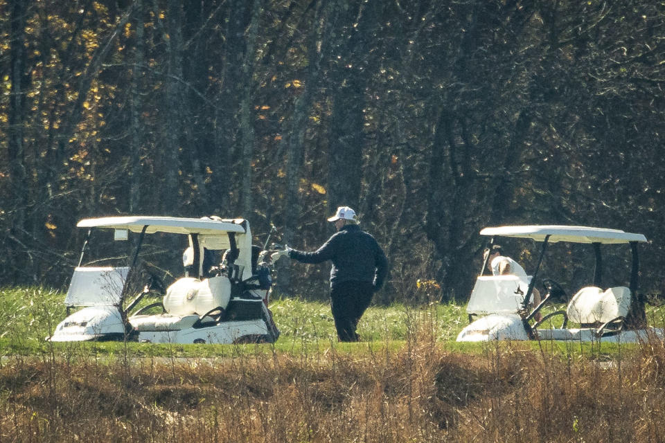 STERLING, VA - NOVEMBER 07: U.S. President Donald Trump golfs at Trump National Golf Club, on November 7, 2020 in Sterling, Virginia. News outlets projected that Democratic nominee Joe Biden will be the 46th president of the United States after a victory in Pennsylvania. (Photo by Al Drago/Getty Images)