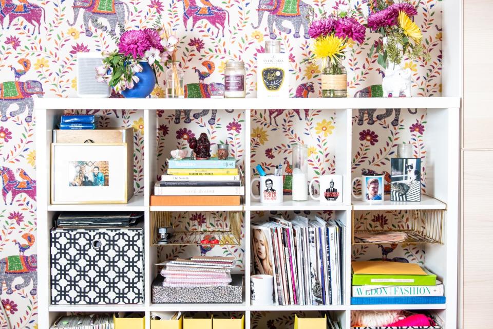 A stylish bookshelf in the garage.