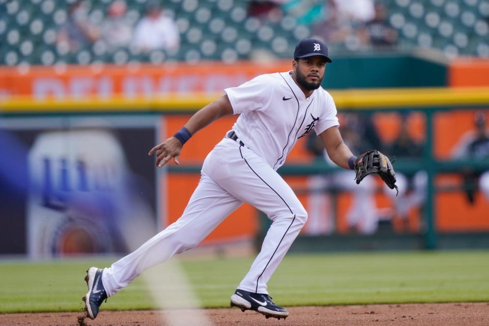 Tigers third baseman Jeimer Candelario plays during the first inning against the Royals on Thursday, May 13, 2021, at Comerica Park.