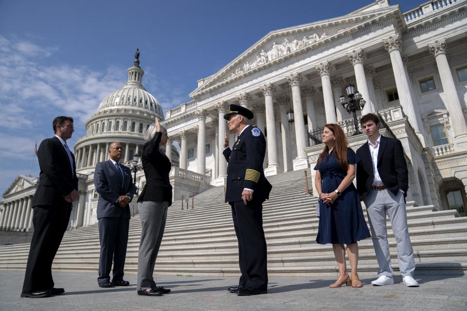 Manger was sworn in Friday by Karen Gibson, Senate Sergeant at Arms. / Credit: Stefani Reynolds/Bloomberg via Getty Images