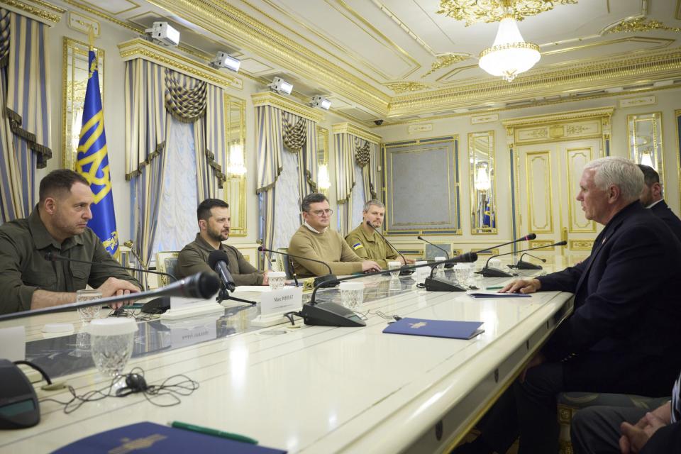 In this photo provided by the Ukrainian Presidential Press Office, Ukrainian President Volodymyr Zelenskyy, second left, listens to former U.S. Vice President Mike Pence, right, during their meeting in Kyiv, Ukraine, Thursday, June 29, 2023. | Ukrainian Presidential Press Office via Associated Press