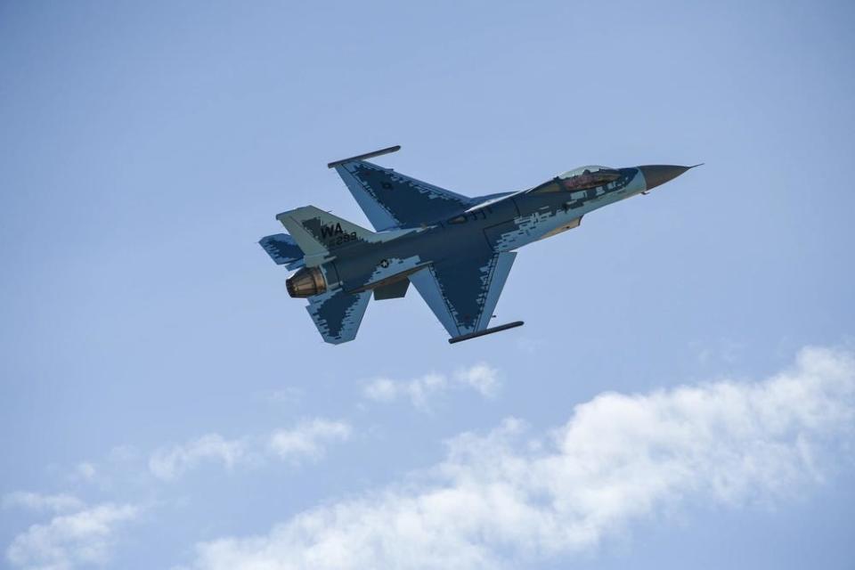 An F-16 Fighting Falcon with a "ghost" paint scheme 