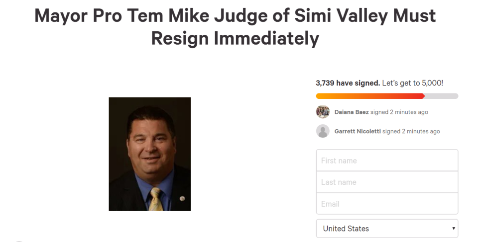 One of two petitions created Thursday evening calling for Simi Valley mayor pro tem Mike Judge's resignation had over 3,700 signatures by 11 a.m. on Friday.