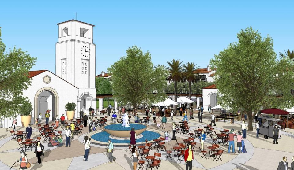 An artist’s rendering of a clock tower and central fountain plaza inside the village green area of Clovis’ Loma Vista urban growth area. A construction bid for the 6.2-acre village green was recently awarded with completion scheduled for the fall of 2023.