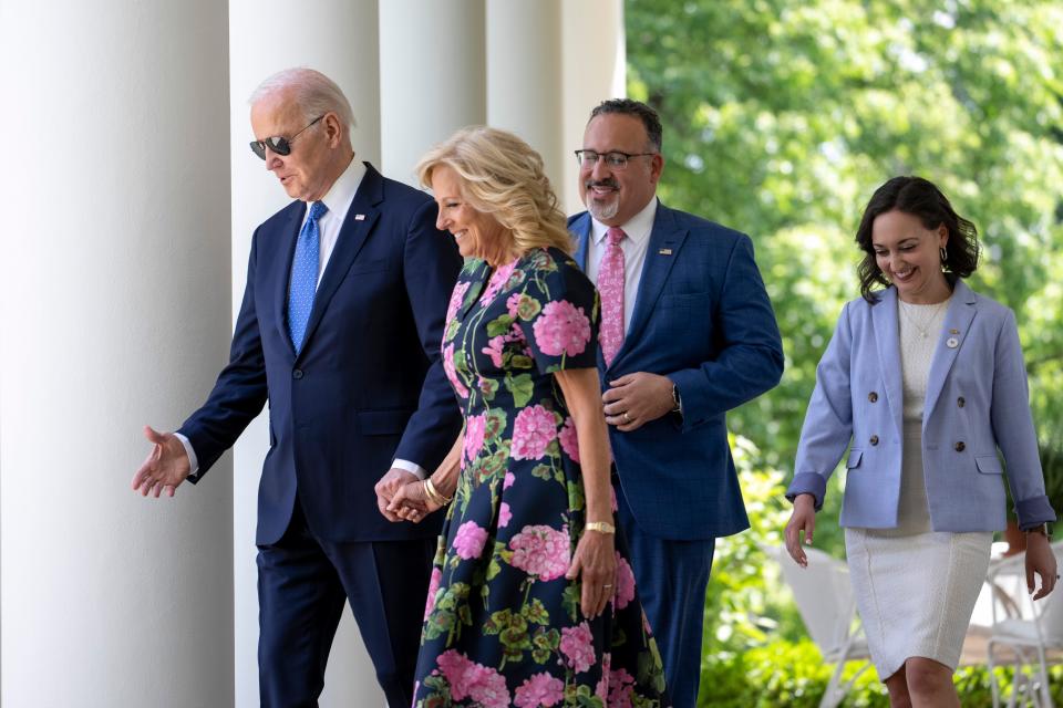 President Joe Biden, first lady Jill Biden, Education Secretary Miguel Cardona and Rebecka Peterson, the Council of Chief State School Officers' national teacher of the year, attend a White House ceremony on April 24, 2023.
