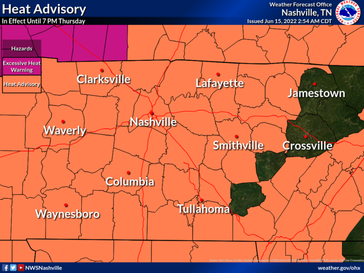 A heat advisory is set through 7 p.m. Thursday for most of Middle Tennessee, NWS said.