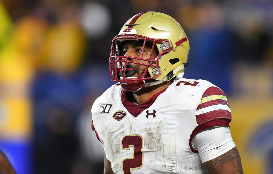 Boston College running back A.J. Dillon could turn into a value pick for the Green Bay Packers. (Photo by Joe Sargent/Getty Images)