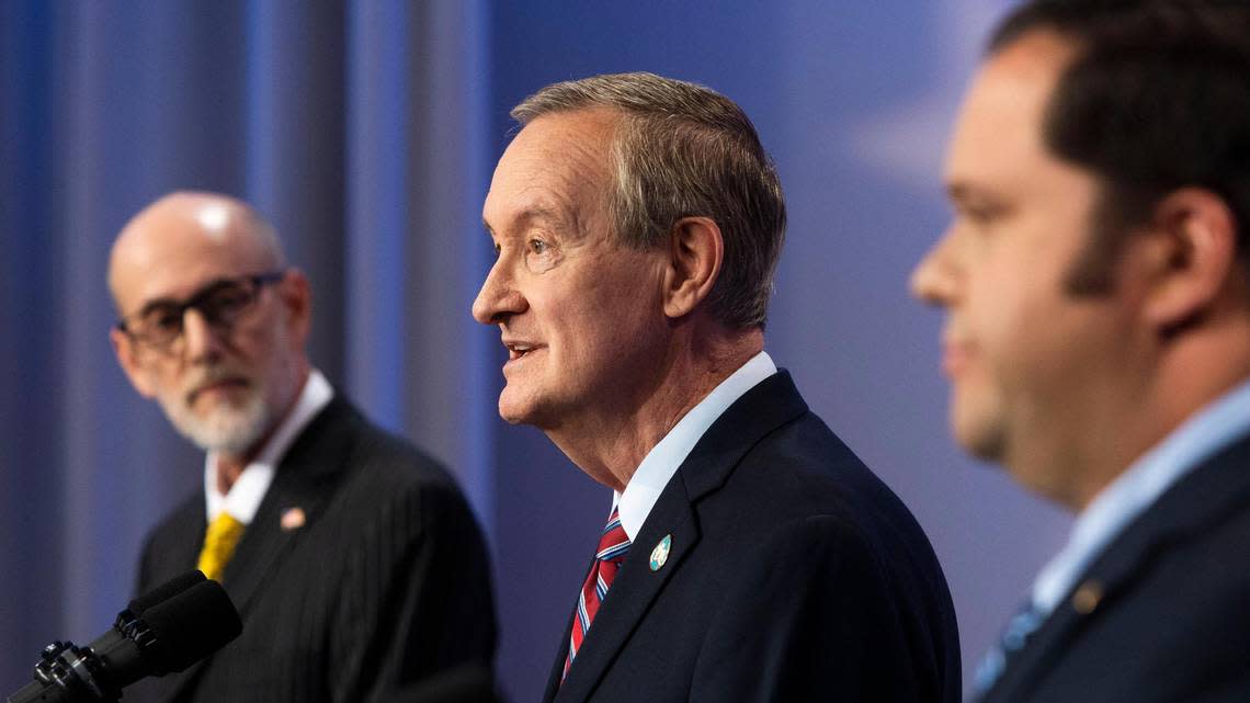 U.S. Sen. Mike Crapo, R-Idaho, debates Democratic candidate David Roth, right, and independent challenger Scott Cleveland, left, during an event hosted by Idaho Public Television, on Oct. 3, 2022, in Boise.