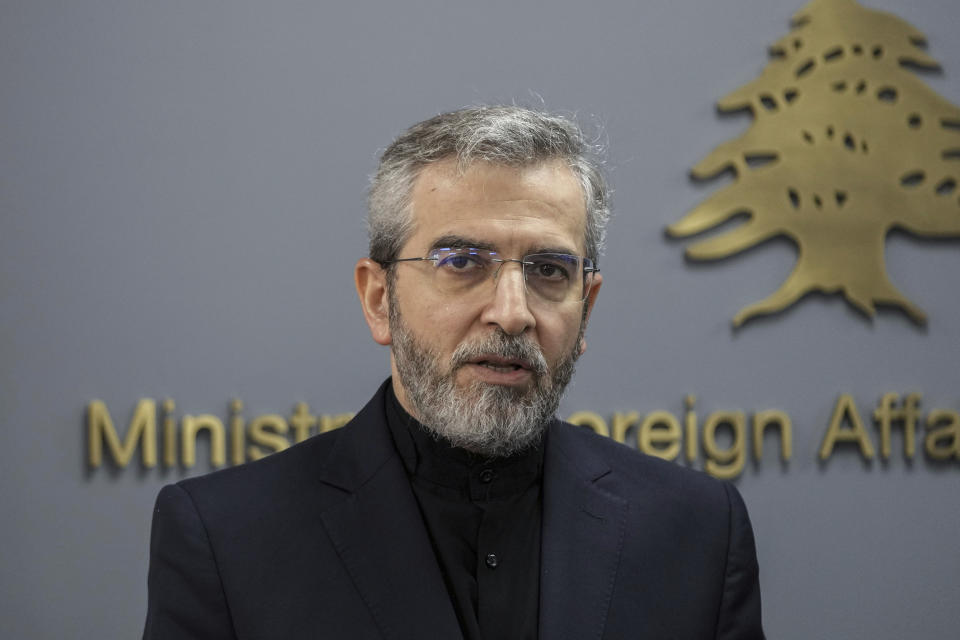 Iranian interim foreign minister Ali Bagheri Kani speaks during a news conference with Lebanese Foreign Minister Abdallah Bouhabib, after their meeting in Beirut, Lebanon, Monday, June 3, 2024. Kani arrived in Lebanon Monday, his first official diplomatic visit since his predecessor died in a helicopter crash last month. (AP Photo/Hassan Ammar)