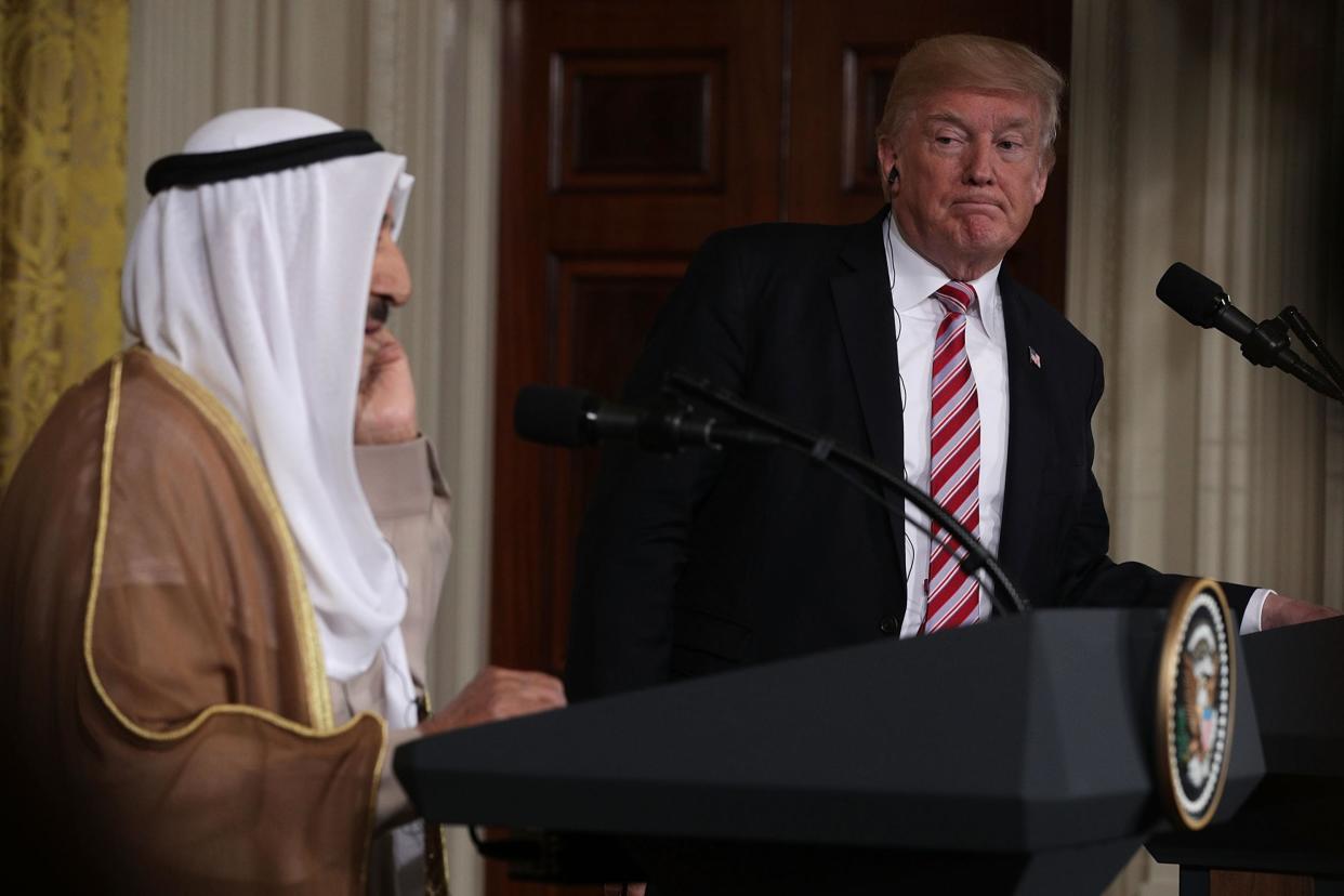 Amir Sabah Al-Ahmad Al-Jaber Al-Sabah of Kuwait and US President Donald Trump participate in a joint news conference in the White House: Alex Wong/Getty Images