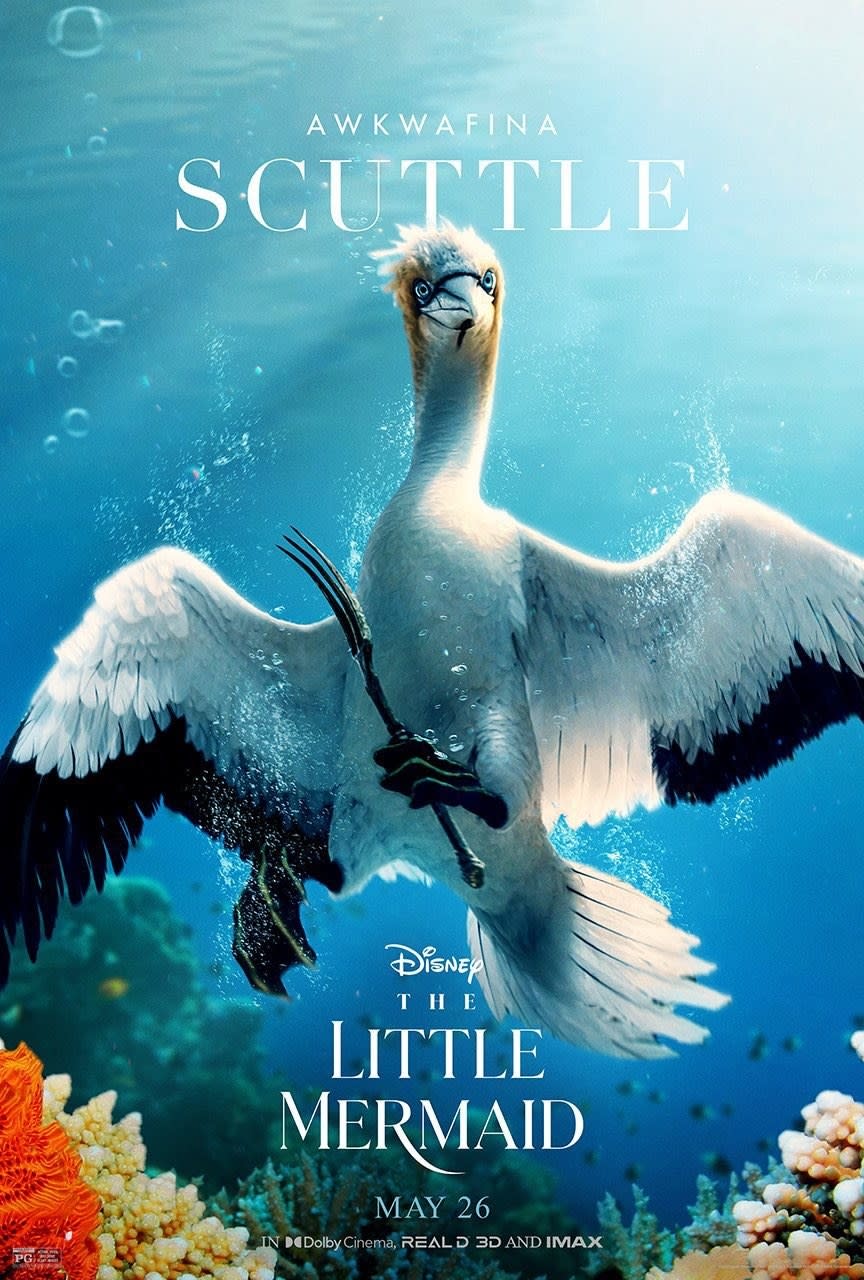 Scuttle, now a realistic looking bird, holds a fork in this Little Mermaid poster