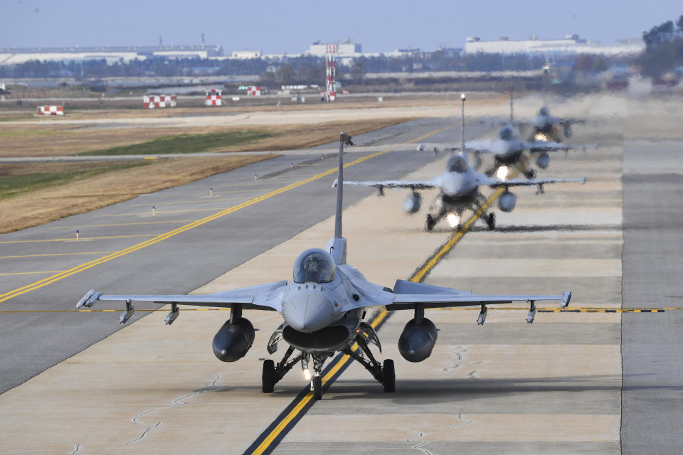 FILE - South Korean Air Force KF-16 fighters prepare to take off during a joint aerial drills called Vigilant Storm between U.S and South Korea, in Gunsan, South Korea, Monday, Oct. 31, 2022. (South Korea Defense Ministry via AP, File)