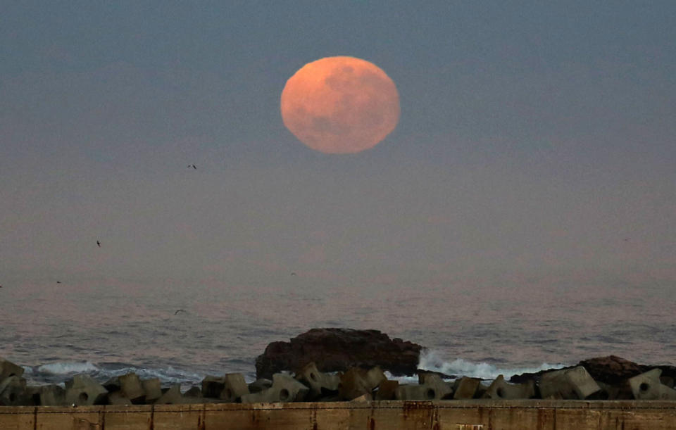 La superluna nace en las costas de la bahía de Lambert, en África del Sur, este lunes. (AP Photo/Schalk van Zuydam)