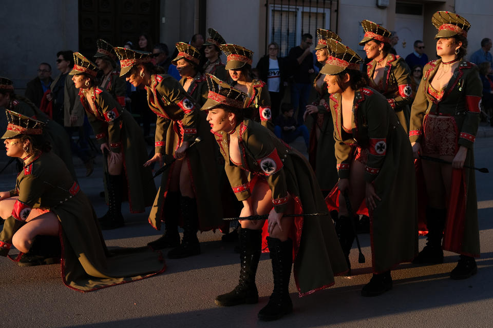 CAMPO DE CRIPTANA, SPAIN - FEBRUARY 24: Women dressed as nazi soldiers are seen in a Holocaust-themed parade during Carnival festivities on February 24, 2020 in Campo de Criptana, Spain. The Embassy of Israel in Spain denounced the display as trivializing the Holocaust. (Photo by Rey Sotolongo /Europa Press via Getty Images)